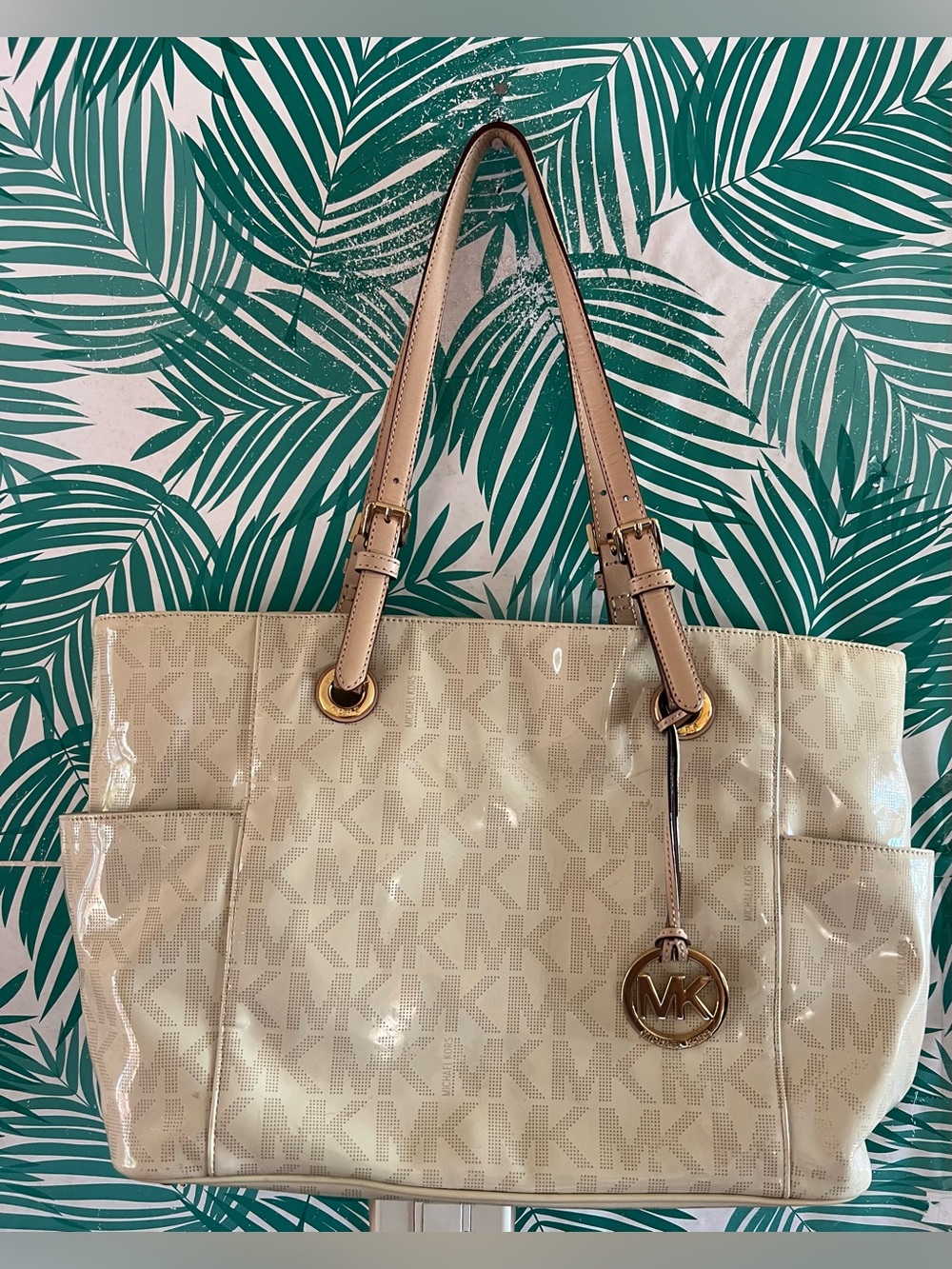 Michael Kors Patent leather Cream Logo Tote w/ Tan Straps and Gold Hardware